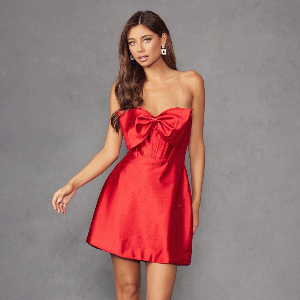 New Sleeveless Strapless Dress w/ Rhinestones Embroidery & Oversized Bow JT960A